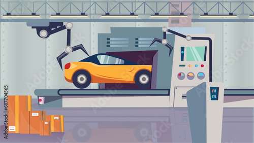 Concept Automobile plant. A flat, cartoon-style design background featuring an automobile plant. Vector illustration.