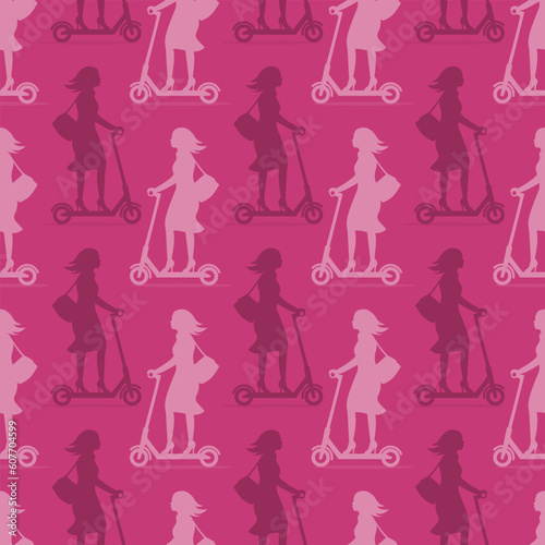 Seamless pattern with ladies riding electric scooters.