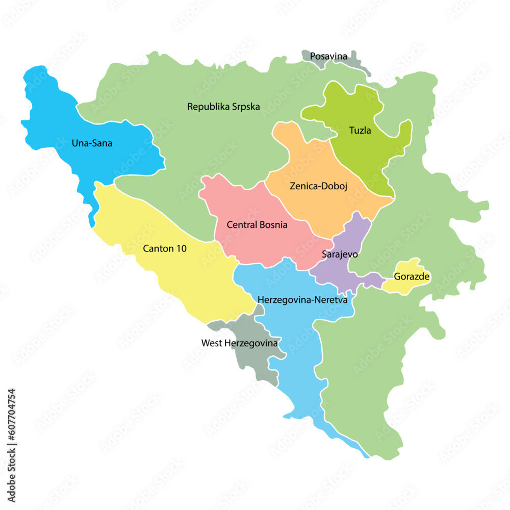 Fototapeta premium Bosnia and Herzegovina map background with regions, region names and cities in color. Bosnia and Herzegovina map isolated on white background. Vector illustration