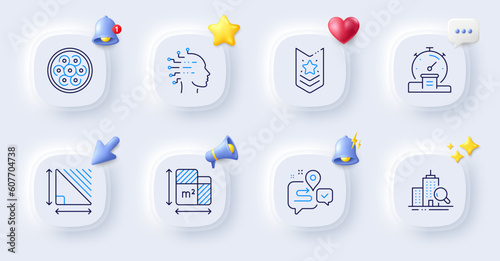 Journey, Cable section and Shoulder strap line icons. Buttons with 3d bell, chat speech, cursor. Pack of Inspect, Timer, Artificial intelligence icon. Floor plan, Triangle area pictogram. Vector