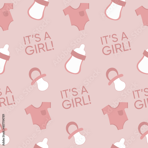 Baby shower pattern with design elements. Baby shower concept. It's a girl!