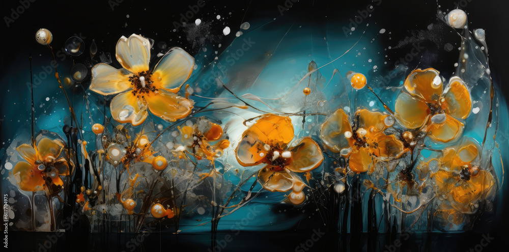 an oil painting showing yellow flowers and drops, generative AI