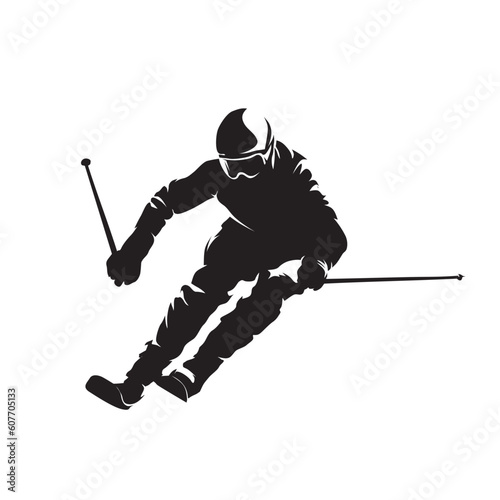 Downhill skier, isolated vector silhouette, front view
