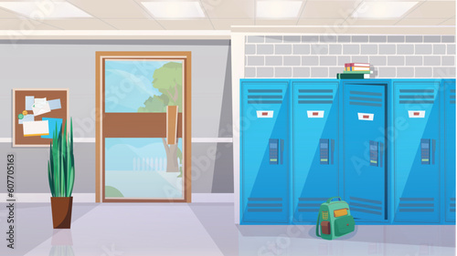 Concept School corridor. A flat, cartoon-style design featuring a background with a school corridor. Vector illustration.