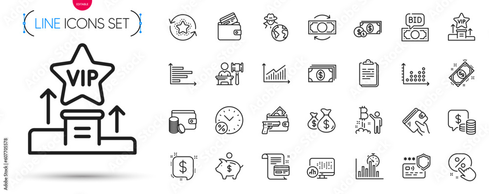 Pack of Payment card, Dollar money and Payment method line icons. Include Report statistics, Coins, Bitcoin project pictogram icons. Loyalty points, Wallet, Debit card signs. Vip podium. Vector