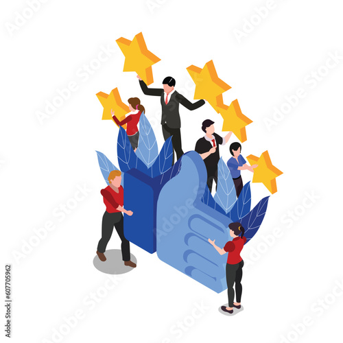 Business people with thumb up with a five star rating. Customer evaluation. Customer review rating isometric 3d vector illustration concept for banner, website, illustration, landing page, flyer, etc.