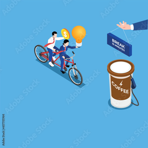 New ideas and energy after coffee break isometric 3d vector illustration concept for banner, website, illustration, landing page, flyer, etc.