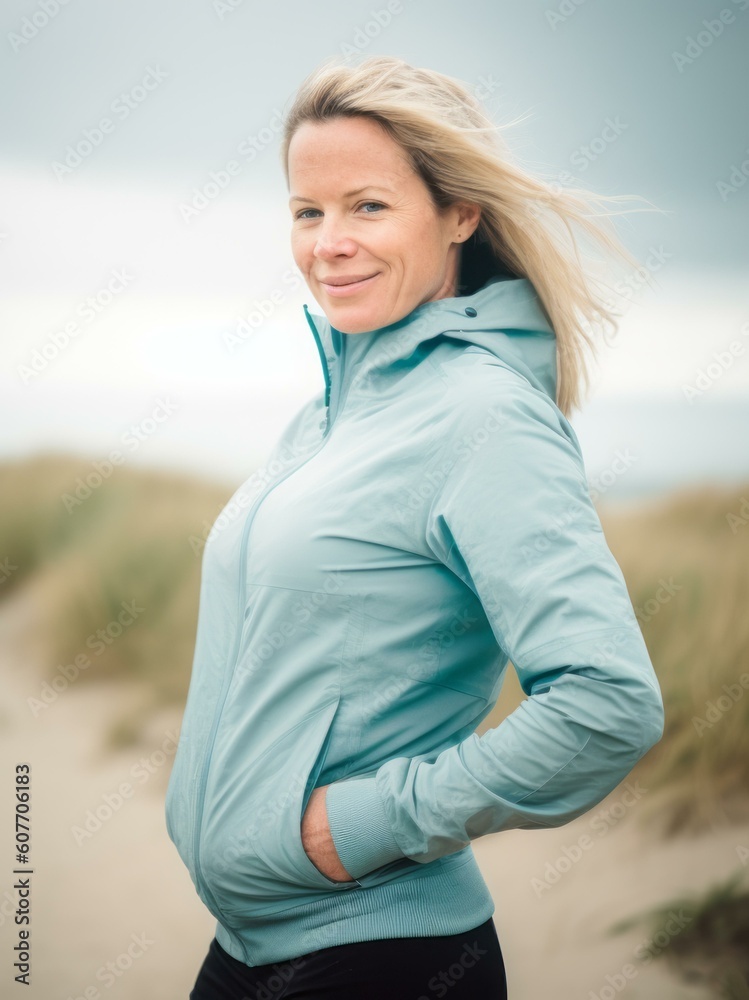 Portrait of smiling middle-aged woman in sportswear standing on beach Portrait of smiling middle-aged woman in sportswear standing on beach