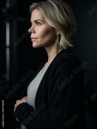 Portrait of a beautiful woman in a black coat on a black background