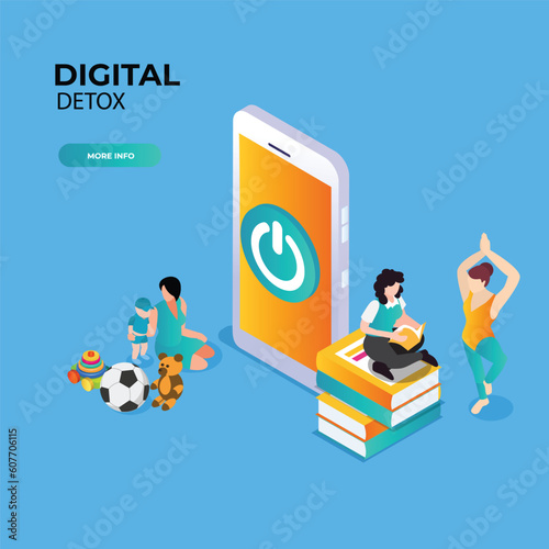 Happy people disconnecting and doing a digital detox isometric 3d vector illustration concept for banner, website, illustration, landing page, flyer, etc.
