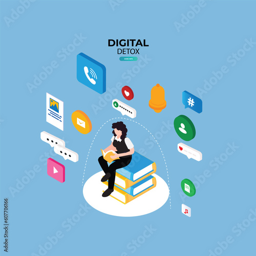 Woman disconnecting and doing a digital detox isometric 3d vector illustration concept for banner, website, illustration, landing page, flyer, etc.