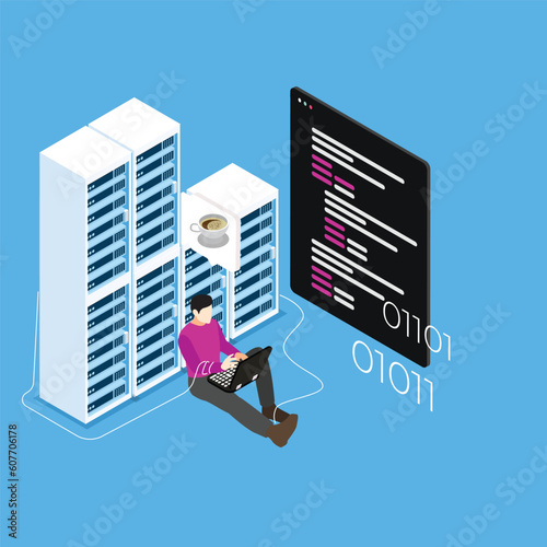 Sysadmin repairing and adjusting database server or network connection isometric 3d vector illustration concept for banner, website, illustration, landing page, flyer, etc.