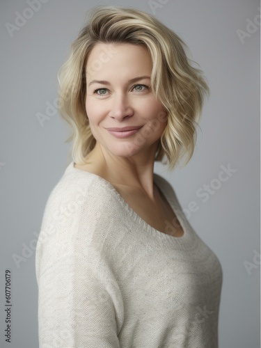Portrait of a beautiful blond woman in a white sweater on a gray background