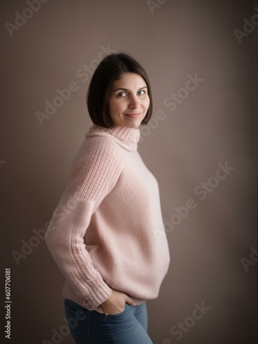Beautiful pregnant woman in a pink sweater on a gray background.