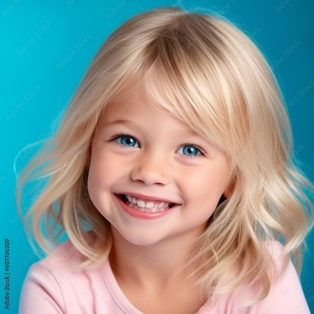 Portrait of a smiling cute small girl in a blue shirt on a blue background. Happy little girl with blue eyes smiling on blue background. Cheerful white little girl looks to the camera. Digital art Portrait of a smiling cute small girl in a blue shirt on a blue background. Happy little girl with blue eyes smiling on blue background. Cheerful white little girl looks to the camera. Digital art