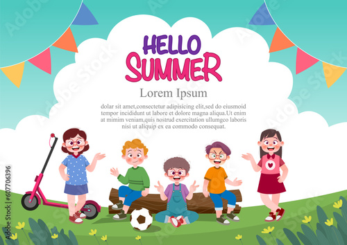 Cute children play outside. template for advertising brochures, ready for your text,  poster, background, website.Style of kids drawings.