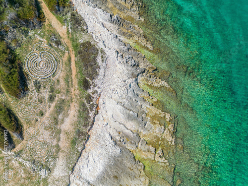 Aerial view of mystical stone formation on the coast of Kamenjak in Istria, Croatia.