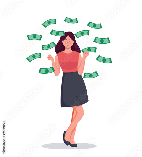 woman standing under money rain banknotes falling vector illustration
