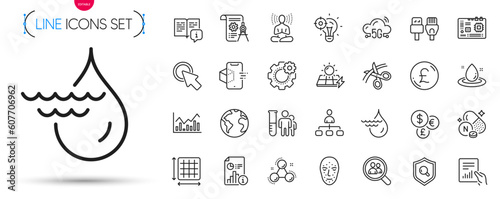 Pack of Chemistry molecule, Vitamin n and Search employees line icons. Include Computer cables, Hydroelectricity, Yoga pictogram icons. 5g cloud, Click here, Fuel energy signs. Vector