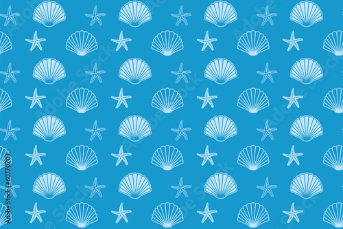 blue seamless pattern with sea shells and starfish - vector ornamental background