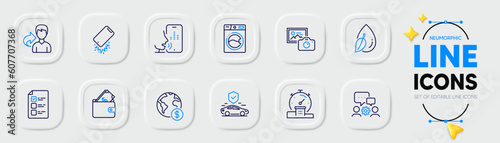 Water drop, Share and Transport insurance line icons for web app. Pack of Global business, Wallet, Photo camera pictogram icons. Smartphone broken, Voting ballot, Timer signs. Voicemail. Vector