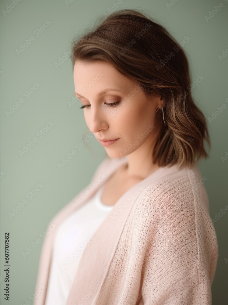 beautiful pregnant woman in pink sweater touching her belly isolated on grey beautiful pregnant woman in pink sweater touching her belly isolated on grey