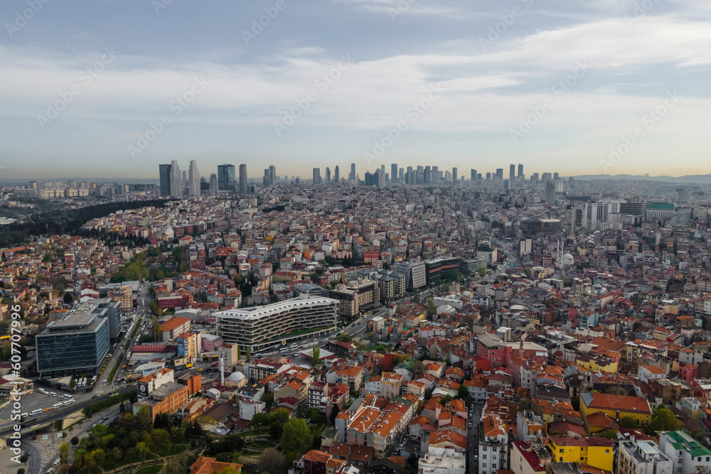 Aerial view of Beyoglu district with tall buildings from a financial district in Istanbul downtown, Turkey. Aerial view of Beyoglu district with tall buildings from a financial district in Istanbul downtown, Turkey.