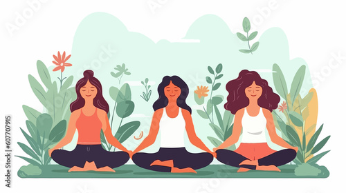 Woman meditating in nature and leaves. Concept illustration for yoga, meditation, relax, recreation