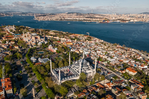 Aerial view of Hagia Sophia mosque and the Blue Mosque in Sultanahmet European district along the Marmara See in Istanbul downtown, Turkey. photo