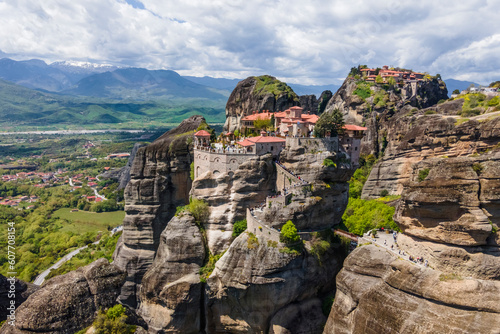 Aerial view of Iera Moni Barlaam Monastery on a natural pillar rock formation in Meteora, Trikala, Thessaly, Greece. photo