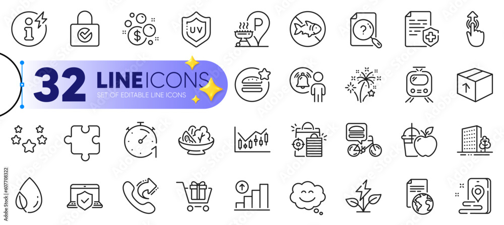Outline set of Launder money, Share call and Food delivery line icons for web with Laptop insurance, Package, Password encryption thin icon. Search document, Stars, Buildings pictogram icon. Vector