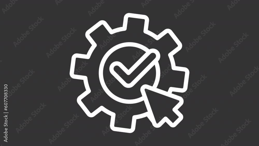 Apply settings white icon animation. Animated line cursor click on spinning gear. Check mark