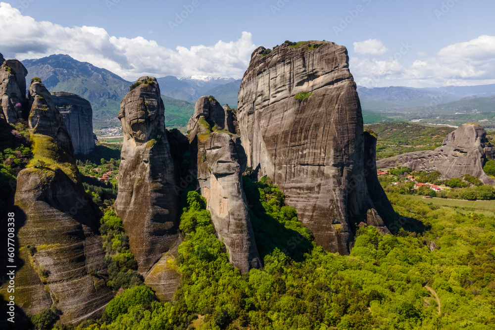 Aerial view of natural rounded pillars in Meteora, a rock formation in Trikala, Thessaly, Greece. Aerial view of natural rounded pillars in Meteora, a rock formation in Trikala, Thessaly, Greece.