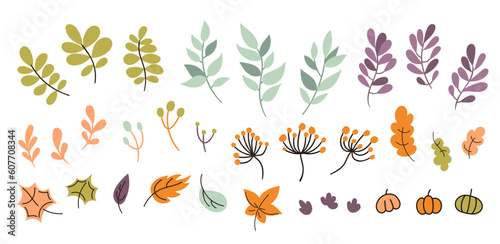 Set of hand drawn fall floral design elements doodle