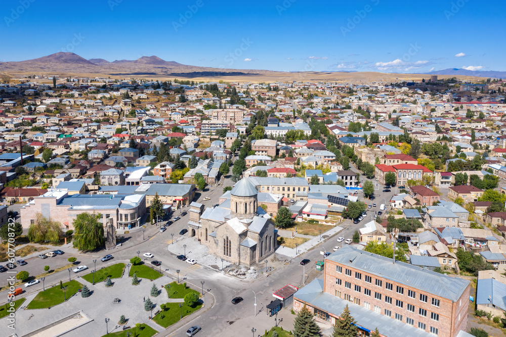 Aerial view of Gavar town on sunny summer day. Gegharkunik Province, Armenia.