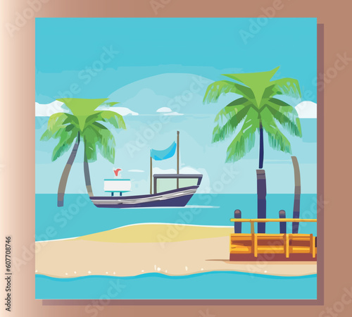 Tropical beach. The ocean, boat and pier. Vacation, tourism. Cartoon. Vector. Flat style. 