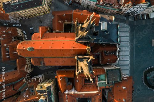 Aerial Top Down View of Church Of Our Lady Before Tyn In Old Town Prague, Czech Republic. photo