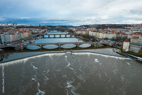 Aerial View of Vltava River and Jirasek Bridge in Prague, Czech Republic. photo