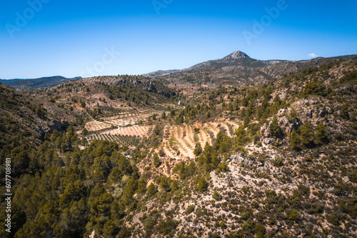 Aerial view of agricultural cultivation hidden between mountain hills with a beautiful mountain peak in the background, Calles, Valencia, Spain. photo