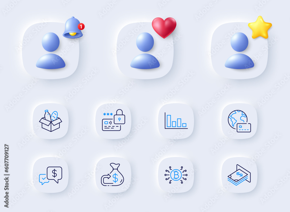 Atm money, Food donation and Histogram line icons. Placeholder with 3d bell, star, heart. Pack of Payment received, Bitcoin system, Internet pay icon. Cashback, Lock pictogram. Vector Atm money, Food donation and Histogram line icons. Placeholder with 3d bell, star, heart. Pack of Payment received, Bitcoin system, Internet pay icon. Cashback, Lock pictogram. Vector