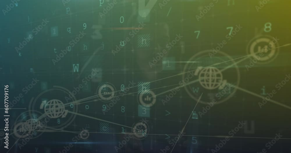 Animation of connected icons over text, letters, symbols and numbers against abstract background Animation of connected icons over text, letters, symbols and numbers against abstract background