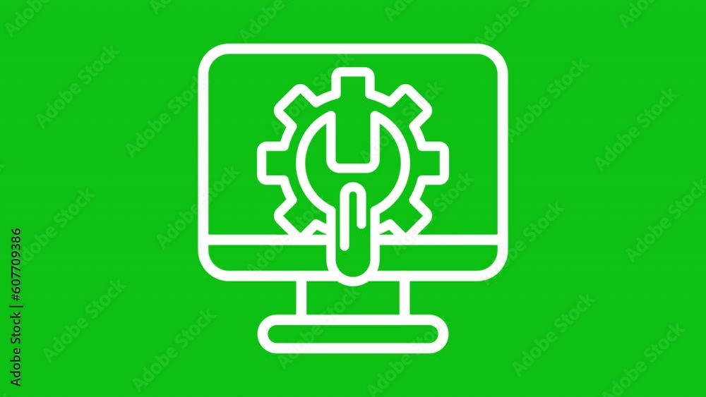 Animated computer setting white icon. Line monitor with spanner turning gear animation. Hardware repair. Loop HD video with chroma key, alpha channel, transparent background. Outline motion graphic Animated computer setting white icon. Line monitor with spanner turning gear animation. Hardware repair. Loop HD video with chroma key, alpha channel, transparent background. Outline motion graphic