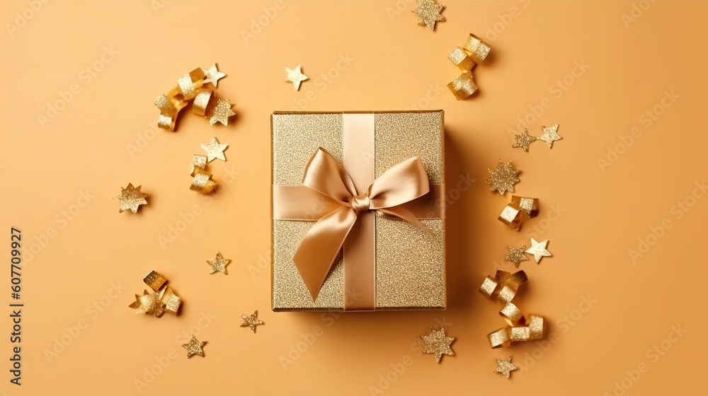 Golden Gift Box with Ribbon, Flat Lay View. Generative AI Golden Gift Box with Ribbon, Flat Lay View. Generative AI