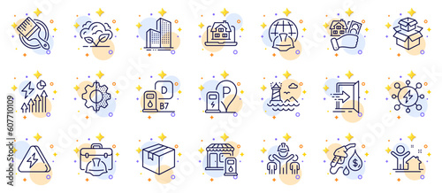 Outline set of Power, Lighthouse and Filling station line icons for web app. Include Charging station, Construction toolbox, Transform pictogram icons. Electricity consumption, Co2 gas. Vector