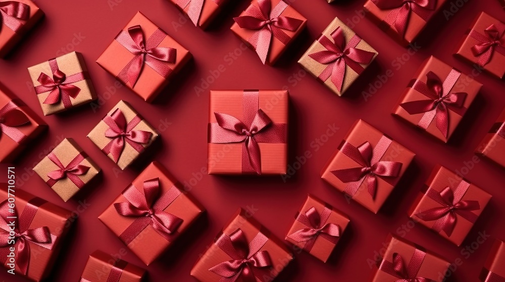 Red Gift Boxes with Ribbon, Flat Lay View. Generative AI Red Gift Boxes with Ribbon, Flat Lay View. Generative AI