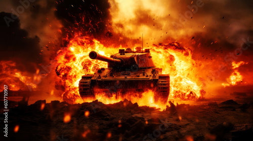 On the battlefield, a tank succumbs to a furious fireball explosion, its formidable structure now nothing but a burning relic. Destruction of War. Generative AI