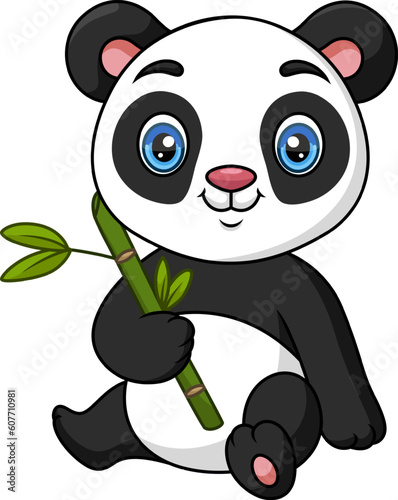 Fototapeta Naklejka Na Ścianę i Meble -  Cute baby cartoon panda holding bamboo leaves
