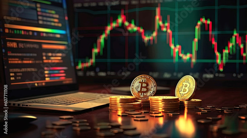Gold coin with bitcoin symbol on candlestick chart background, dark, bokeh, blurred concept, Generative AI illustration