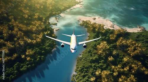 aerial view of a plane over a tropical forest and river,. Generative AI