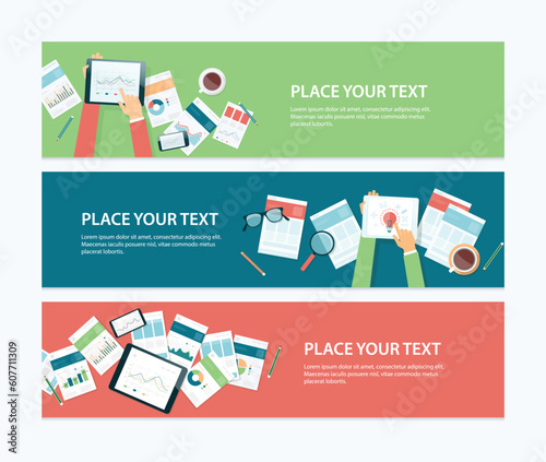 Set of horizontal web banner design templates. business finance investment planning with device technology concept. and working with a report online document.
